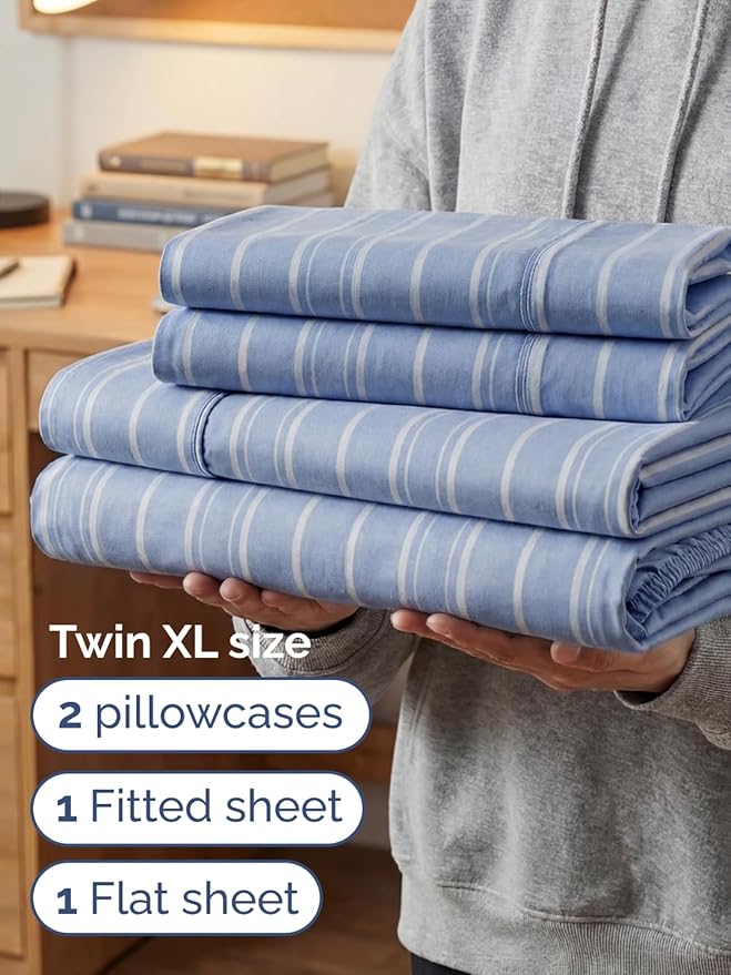 Extra Deep Twin XL Sheet Set - 4 Piece Breathable and Cooling Sheets - Hotel Luxury Bedding for Women, Men, Kids & Teens - Easy Secure Fit - Soft & Wrinkle Free with Extra Deep Pockets - Blue Stripes