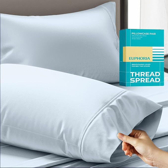 Thread Spread - Queen Size Cotton Sateen Pillowcases, Light Blue, 21" W x 32" L