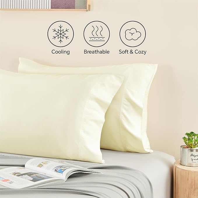BEDELITE Cream Pillow Cases Queen Size Set of 2, Rayon Derived from Bamboo，Cooling Pillow Cases for Hot Sleepers & Night Sweats, Breathable and Silky Soft Envelope Pillowcases, 20"x30"