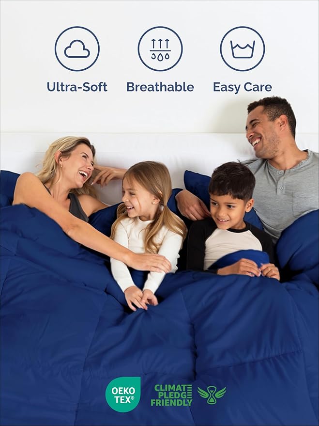 Full Comforter Set - 3 Piece Bed Set for All Seasons - 1 Soft Quilted Comforter w/ Corner Tabs & 2 Pillow Shams - Comfy, Cozy & Breathable - Premium Down Duvet Insert - Full Size, Navy Blue/Sky Blue