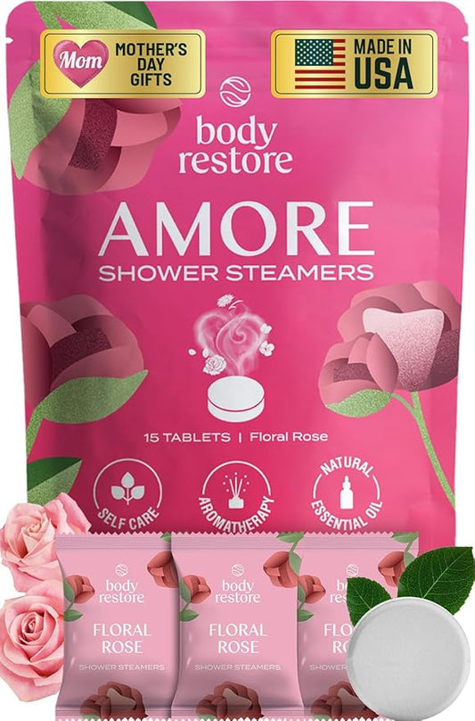 Body Restore Shower Steamers Aromatherapy 15 Pack – Mothers Day Gifts for Mom, Spa Gifts for Women, Relaxation Self Care – Premium Rose Essential Oil Tablets