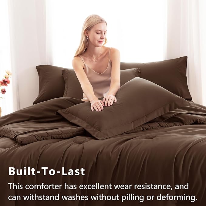 CozyLux Oversized Queen Comforter Set Brown, 7 Pieces Bed in a Bag Comforter Set with Sheets, Luxury Soft Bedding Sets with Down Alternative Comforter, Fitted Sheet, Flat Sheet, Pillowcases & Shams