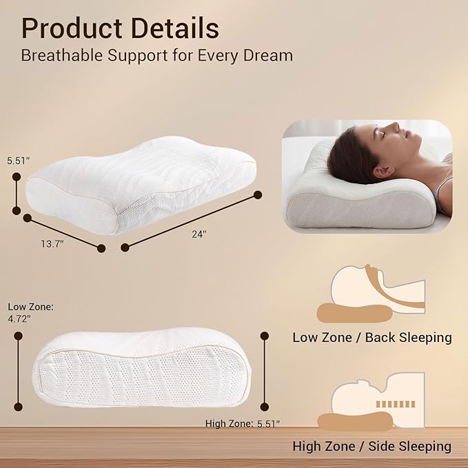 Cervical Memory Foam Pillow for Sleeping, Ergonomic Neck Pain Relief Support for Side, Back, and Stomach Sleepers, Breathable Contoured Design