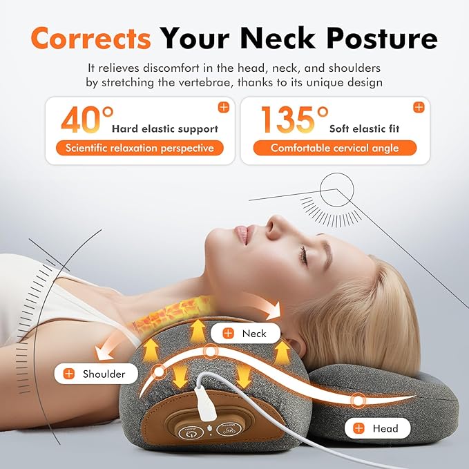 Cordless Electric Neck Massager Pillow for Pain Relief Deep Tissue, 3-in-1 Rechargeable Neck Cervical Traction Device with Heat, Massage, Electric Stretch, Ergonomic Neck Shoulder Relaxer