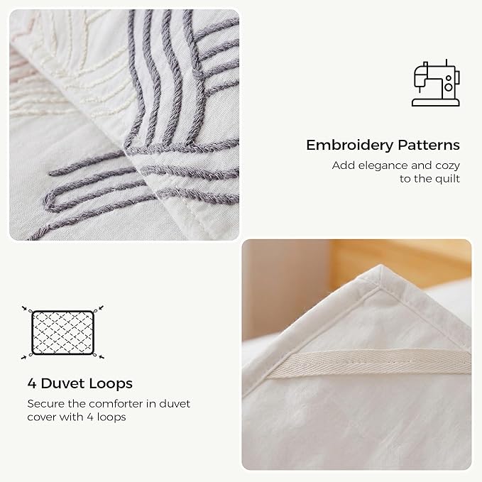 UNIKOME King Size Comforter Set White - Luxury Rope Embroidery Ultra Soft Lightweight Warm Bedding Set for All Seasons, 3 Pieces Down Alternative Bed Set with Comforter, 2 Pillowcases