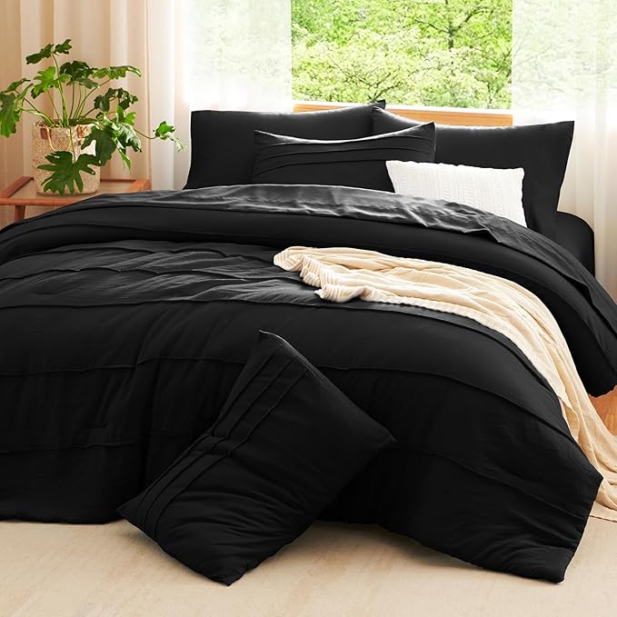 CozyLux Full Size Comforter Sets Black, 7 Pieces Soft Pinch Pleat Bed in a Bag Full Comforter Set with Sheets, Boho Bed Set with Down Alternative Comforter, Sheets, Pillowcases & Shams