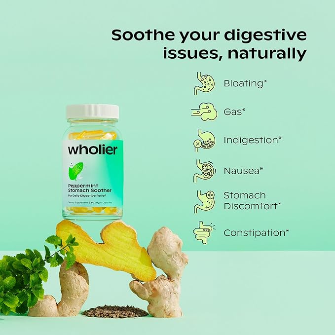 wholier Peppermint Stomach Soother with Peppermint Oil, Ginger, Fennel, Spearmint & Black Cumin Seed Oil, Bloating, Gas, Nausea & Digestive Support for Adults, Vegan, Gluten Free, 60 Dual Capsules