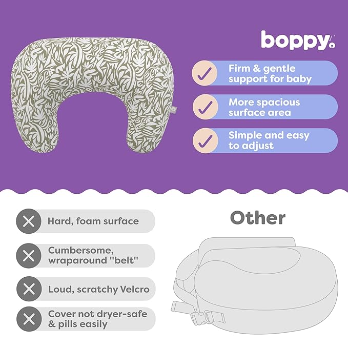Boppy Nursing Pillow - Ergonomic Bottle & Breastfeeding Pillow, Higher, Firmer & Larger, Water-Repellent with Washable Organic Cotton Cover, Baby Safety Alliance Verified - Green Cut Out Leaves