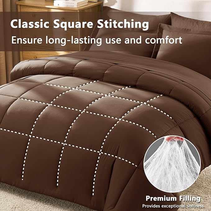 CozyLux Oversized King Comforter Sets Brown, 7 Pieces Bed in a Bag, 120x98 Box Stitched Design Bedding Set, All Season Soft Bed Set with Down Alternative Comforter, Sheets, Pillowcases & Shams