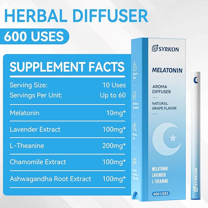 Herbal Diffuser Pens, 2 Pack, Mullein for Lung Support & Sleep Aid with Melatonin, Natural Plant Extracts, Total 1200 Uses, Portable and Compact