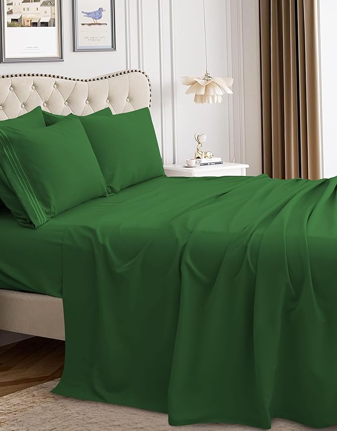 Mocassi Luxury California King 4-Piece Sheet Set - 1800 Premium Hotel Quality- Easy-Fit, Wrinkle, Fade Resistant Bed Sheets and Pillowcases - All Around Elastic Fitted Sheet, Deep Pocket, Hunter Green