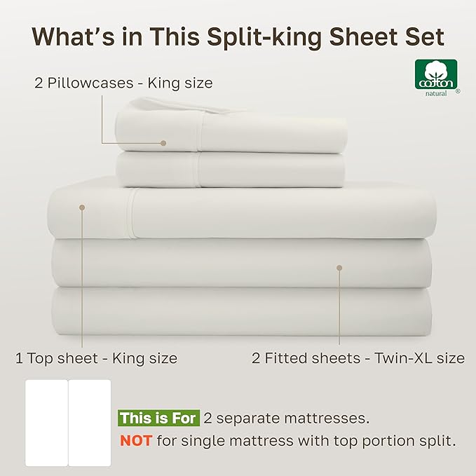 CALIFORNIA DESIGN DEN Soft 100% Cotton Split King Sheet Set, 400 Thread Count Good Housekeeping Award Winner, Silky Sateen Weave with Deep Pockets, Long Staple Cotton Bed Sheet Set - Ivory (Pale Tone)