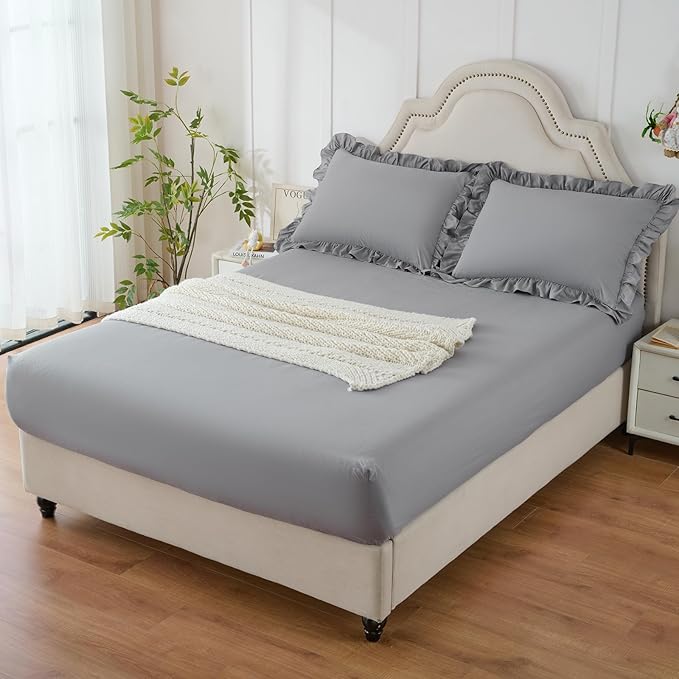 Homiest 3-Pieces Ruffle Pillow Case & Fitted Sheet Set, Grey King Sheets with 2 Ruffled Pillow Shams, 15 Inch Deep Pocket, Cute & Coquette Microfiber Bed Set for Decorating Bedroom Hotel