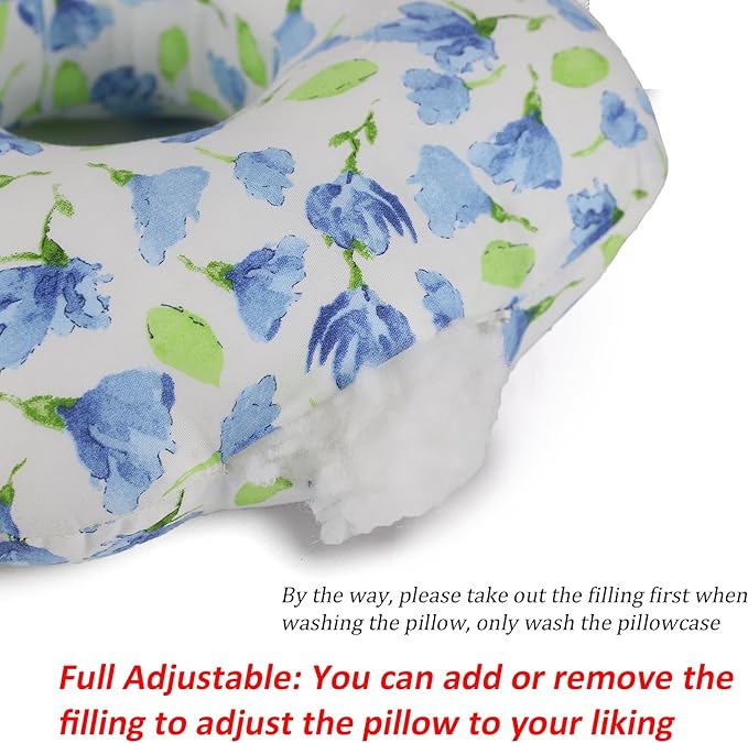 Ear Piercing Pillow for Side Sleepers, Pillow with an Ear Hole for CNH and Ear Pain Ear Inflammation Pressure Sores, O-Shaped Side Sleeping Pillow, Ear Guard Pillow (Blue Iris Flowers)