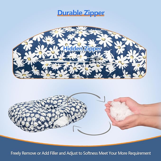 Ear Piercing Hole Pillows Side Sleeper Pillow with an Ear Hole for CNH Side Sleepers and Ear Inflammation Pressure Sores, Adjustable Cotton and Polyester Curved Side Pillow, Blue Flowers