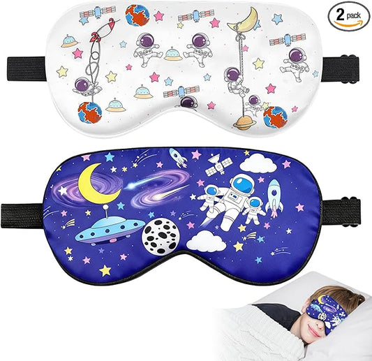 2 Pcs Sleep Mask for Kids Boys, Silk Eye Covers for Sleeping, Adjustable Strap & Light Blocking Design, Children's Bedtime Blindfold for Travel and Home Use (Astronaut)