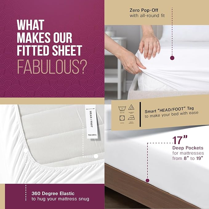TEXAS LINEN CO. 100% Egyptian Cotton Sheets King Size Set - 1200 Series Star Sleepin' Collection Egyptian Cotton Luxury Sheets King Size (4 PC, Ivory), 17" Deep Pocket, Sateen Hotel Bedding Set