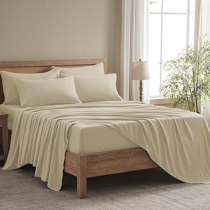 Queen Sheet Set - 6 Piece Sheets Queen Size Bed Set - Breathable & Cooling Hotel Luxury Bedding Set - Soft & Comfy Fully Elasticized 16" Deep Pocket Queen Sheets (Queen Beige)