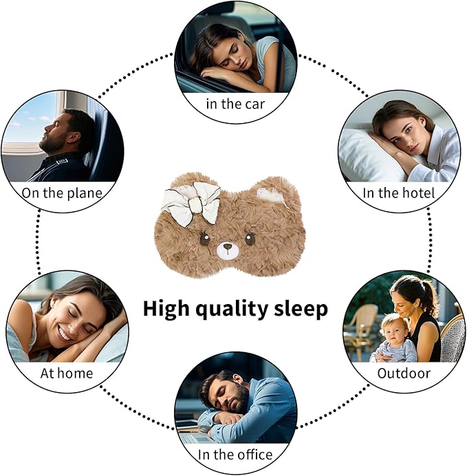 PERFECTSIGHT Sleep Eye Masks, Cute Plush Sleep Eye Cover Lightweight Adjustable Eyeshade Faux Fur Mask Cover for Women Men Sleep Travel Nap, Coffee Lace Bear