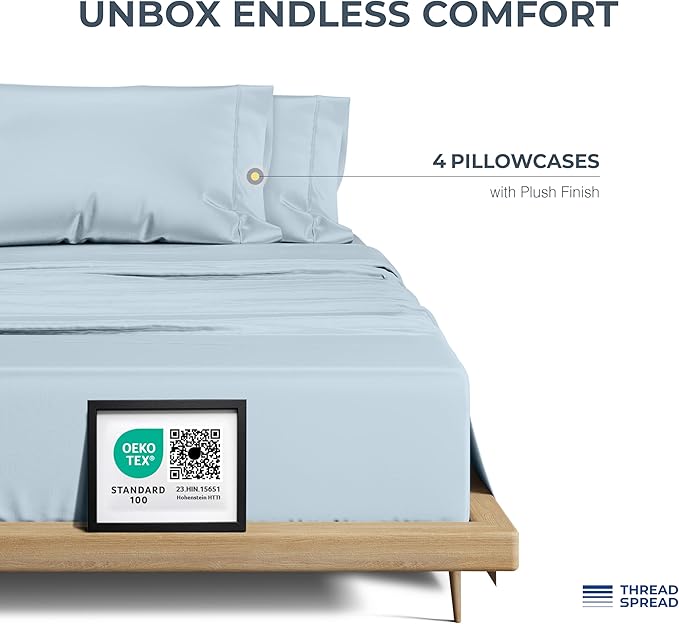 THREAD SPREAD 100% Egyptian Cotton Pillow Cases Queen Size Set of 4 - Luxury 1500 Series Queen Pillow Cases (Light Blue), Soft Cooling Envelope Closure Hotel Quality Egyptian Cotton Pillowcases