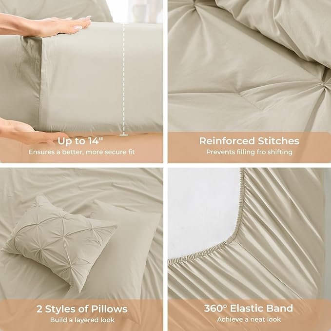 Sasttie California King Comforter Set, 7-Piece Bed in a Bag Cal King, Pintuck Bedding Set for All Season, Includes Comforter, Flat Sheet, Fitted Sheet, Pillowcases and Pillowshams, Linen