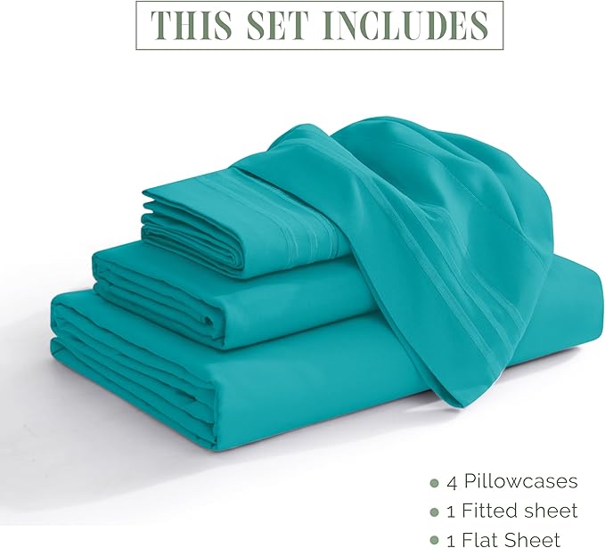 Elegant Comfort Luxurious 1500 Premium Hotel Quality Microfiber Three Line Embroidered Softest 4-Piece Bed Sheet Set, Wrinkle and Fade Resistant, Twin/Twin XL, Turquoise