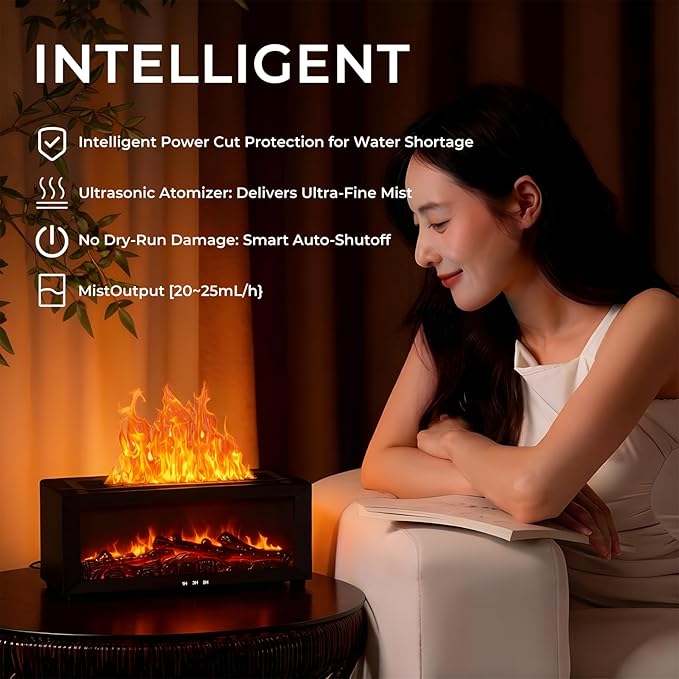 Fireplace Flame Essential Oil Diffuser, 7-Color LED Ultrasonic Aromatherapy Humidifier with Remote Control & Timer, 150ml Waterless Auto-Off Cool Mist Diffuser for Home Bedroom Office Yoga Black