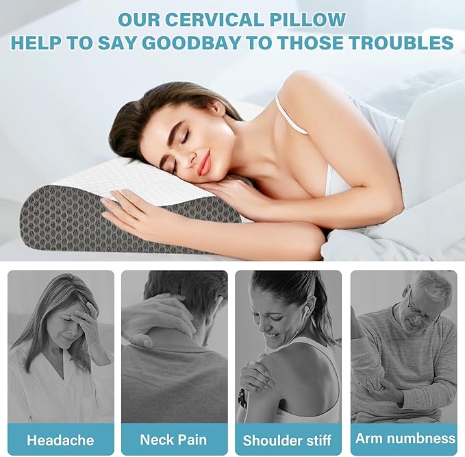 Memory Foam Pillows 2 Pack Neck Pillow - Neck Support Pillow for Pain Relief, Ergonomic Cervical Pillow for Sleeping, Orthopedic Contour Bed Pillow for Side, Back, Stomach Sleepers,Grey