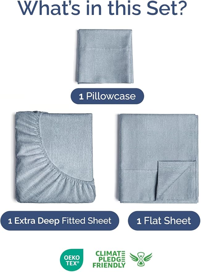 Extra Deep Twin Sheet Set - 3 Piece Breathable & Cooling Bed Sheets - Easily Fits 18 to 24 inch Mattress - Ultra Soft, Wrinkle & Fade Free w/ Extra Deep Pockets - Hotel Luxury Bedding - Heathered Blue