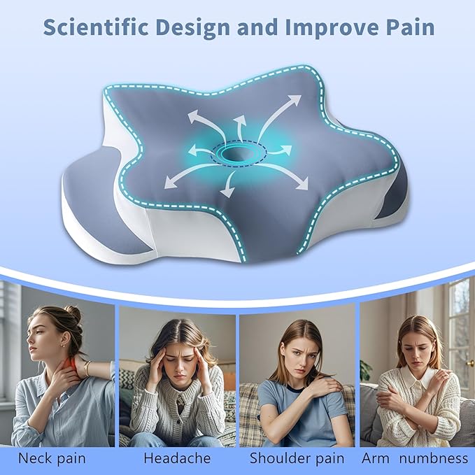 Memory Foam Cervical Pillow - Cooling Side Sleeper Pillow for Sleeping, Ergonomic Memory Foam Pillows for Neck Support, Contour Orthopedic Bed Pillow for Back Stomach Sleepers (Blue)