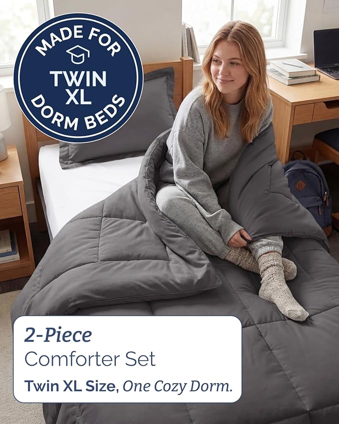 Twin XL Comforter Set - 2 Piece Bed Set for All Seasons - 1 Soft Quilted Comforter w/ Corner Tabs & 1 Pillow Sham - Comfy & Breathable - Premium Down Duvet Insert - Oeko-TEX - Twin XL Size, Dark Grey