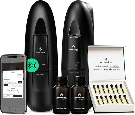 AromaPlan 5 Star Collection Plug in Diffuser (Fragrance+Sample Set Included)-Cold Air & Waterless Diffusers for Home & Office- Silent Wall Diffuser Plug in,Bluetooth App Control, 1000 sq.ft -2 Devices