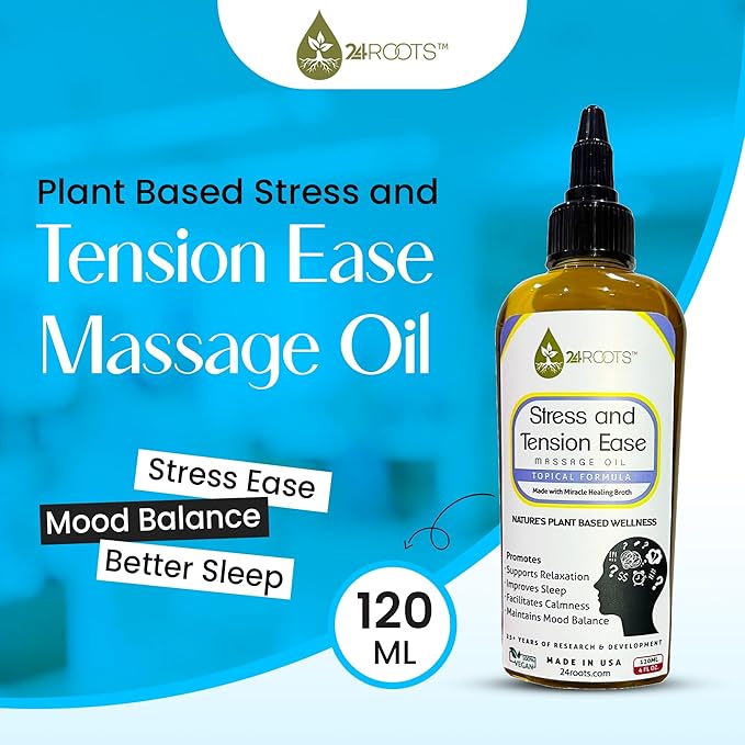 Plant Based Stress and Tension Ease Massage Oil - Supports Relaxation, Helps with Sleep, Aids in Calmness, and Helps Mood Balance - 24+ AYURVEDIC Herbs - 100% Vegan (4 Fl Oz/120 ML)