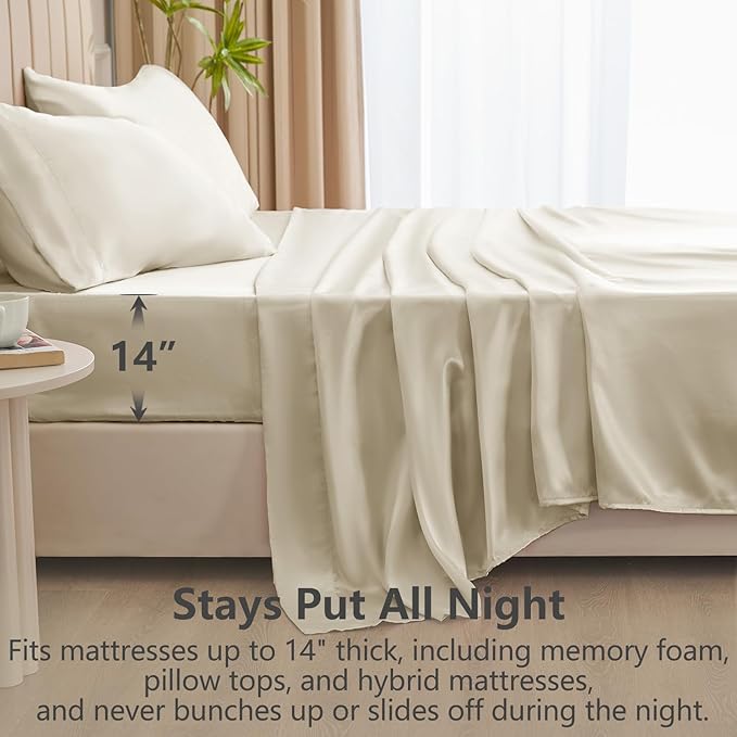 CozyLux Satin Sheets King Size Sheet Set - 6 Piece Silky King Sheets, Luxury Beige King Bed Set with Smooth and Soft Microfiber, Includes 1 Fitted Sheet, 1 Flat Sheet and 4 Pillowcases