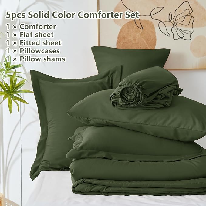 CozyLux Twin Comforter Set Olive Green, 5 Pieces Bed in a Bag Twin Comforter Set with Sheets, All Season Bed Sets with Down Alternative Comforter, Fitted Sheet, Flat Sheet, Pillow Sham and Pillowcase