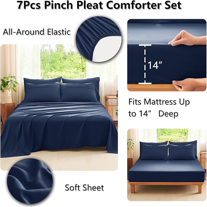 CozyLux Full Size Comforter Sets Navy Blue, 7 Pieces Soft Pinch Pleat Bed in a Bag Full Comforter Set with Sheets, Boho Bed Set with Down Alternative Comforter, Sheets, Pillowcases & Shams
