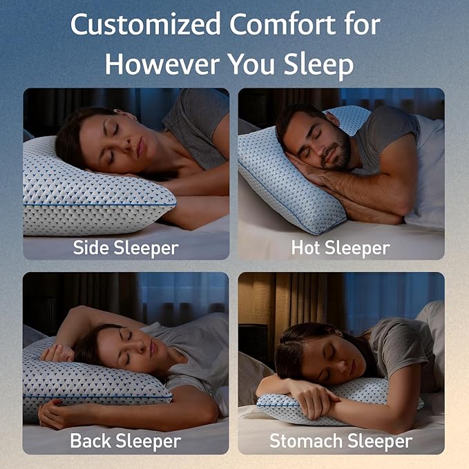 Cooling Gel Memory Foam Pillows Queen Size Set of 2 for Sleeping,Bamboo Rayon Adjustable Firm Shredded Foam Bed Pillows 2 Pack for Side, Back, Stomach Sleepers Luxury Washable Breathable Pillowcase