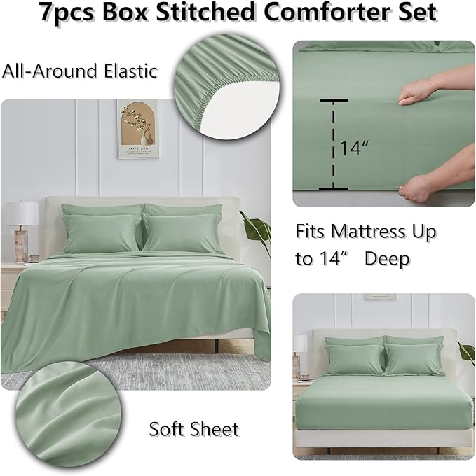 CozyLux King Size Comforter Set Sage Green - 7 Pieces Bed in a Bag King, Okeo-Tex Certifited Bedding Set, All Season Soft Bed Set with Down Alternative Comforter, Sheets, Pillowcases & Pillow Shams