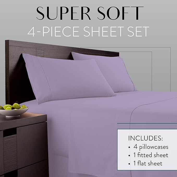 Danjor Linens Twin Bunk Bed Sheets w/ 2 Pillowcases, Lightweight Brushed Microfiber Deep Pockets, 4 Piece Fitted Bedding Sets, Lavender