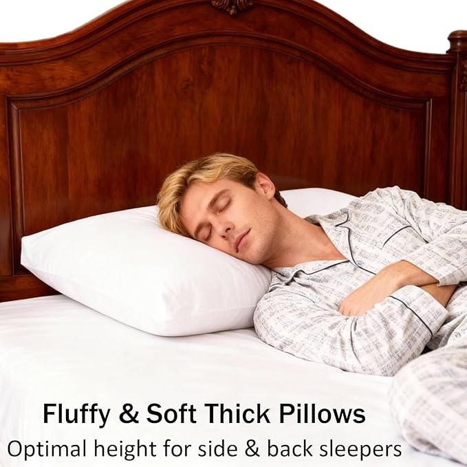 Thick Bed Pillows King Size Set of 2 Hotel Collection Soft Down Alternative Supportive Pillow for Back Stomach Side Sleeper White 20x36 inches