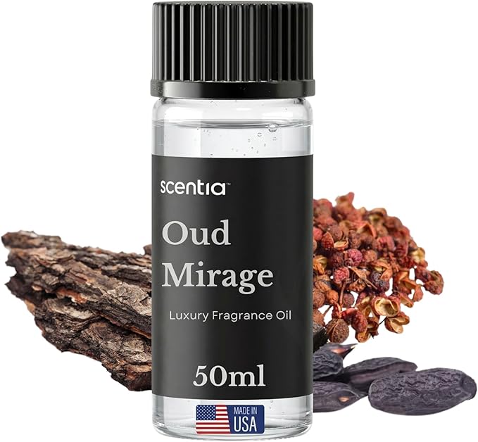Scentia Oud Mirage Luxury Oud Fragrance Oil for Diffusers – Spicy Woody Home Scent with Cardamom, Sandalwood, Patchouli & Tonka – Aromatherapy Oil for Cold Air, HVAC – 50 ml (1.69 fl oz)