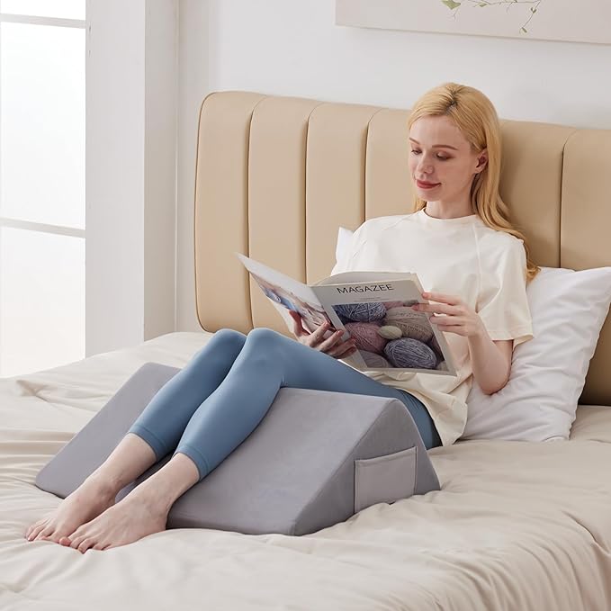 Ruqmuis Knee Pillow for Back Sleeping, 8” Knee Wedge Pillow to Elevate Knee, Leg Pillow for Back Pain Relief, Triangle Pillow, Leg Elevation Pillows for After Surgery, Blood Circulation, Velvet