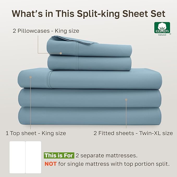 California Design Den Soft 100% Cotton Bed Sheets Split King Set, 400 Thread Count Good Housekeeping Award Winner, Silky Smooth Sateen, Deep Pockets, Durable Split King Bed Sheet Set - Sky Blue