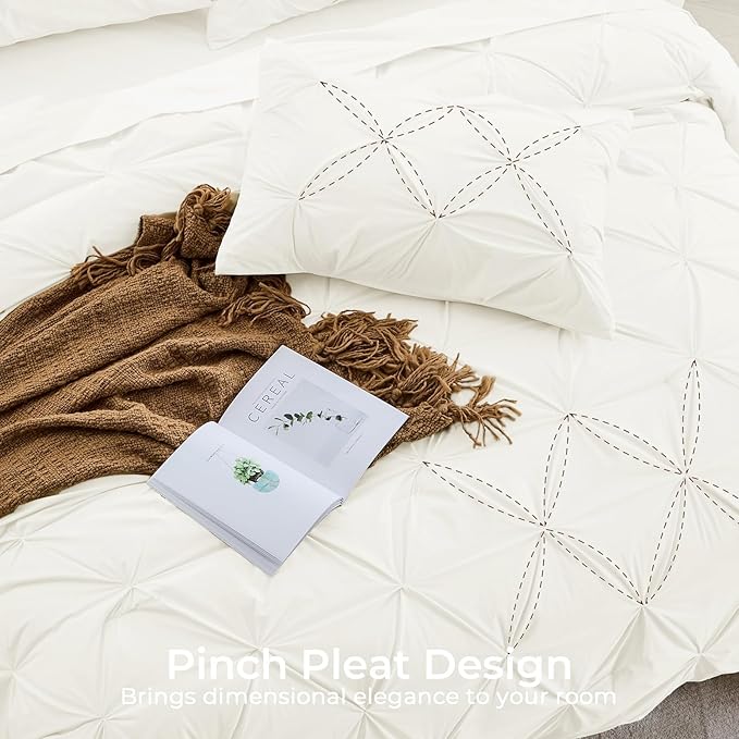 Sasttie Queen Comforter Set, 7-Piece Bed in a Bag, Pintuck Bedding Sets for All Season, Includes Comforter, Flat Sheet, Fitted Sheet, Pillowcases and Pillowshams, Ivory
