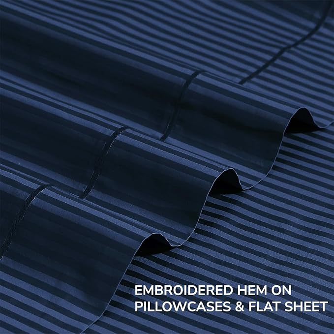 Feather & Stitch 500 TC Queen Size Damask Bed Sheet Set, 100% Cotton Soft Breathable Bedsheets, 4 Piece 18" Deep Pockets Sateen Weave Striped Bedding Mattress Resort Hotel Luxury - (Dark Blue Stripe)