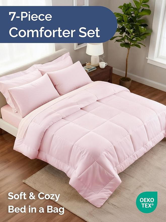 Full Comforter Set - 7 Piece Bed in a Bag Full Size Bed Set - Down Alternative Comforter, Flat Sheet, Fitted Sheet, Pillowcase & Shams for All Seasons - Ultra Soft, Comfy & Breathable - Lavender Pink