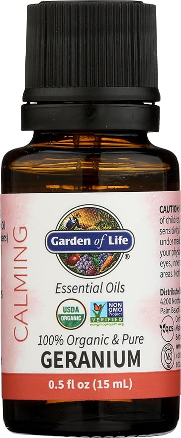 Garden of Life Essential Oil, Geranium 0.5 fl oz (15 mL), 100% USDA Organic & Pure, Clean, Undiluted & Non-GMO, for Diffuser, Aromatherapy, Meditation - Balance, Relaxation, Calming, Floral, Aromatic