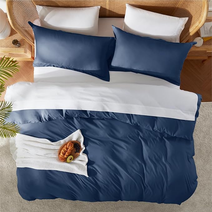 Nestl Full Duvet Cover Set with Comforter Insert - Navy Blue 4 Piece 80x90 Duvet Cover & 2 Pillow Shams with White Quilted Down Alternative Comforter, Ultra Soft, All Season