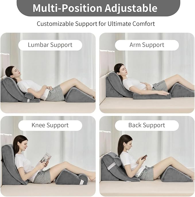 4PCS Orthopedic Bed Wedge Pillow Set for Post Surgery&Pain Relief,Adjustable Wedge Pillow for Back,Acid Reflux,Sitting up in Bed,Recovery,Snoring,Body Pillow for Sleeping (Gray)