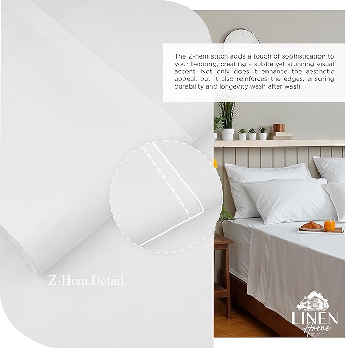 Linen Home 100% Cotton Percale Sheets King Size, Snow White, Deep Pocket, 4 Pieces Set - 1 Flat, 1 Deep Pocket Fitted Sheet and 2 Pillowcases, Crisp Cool and Strong Bed Linen